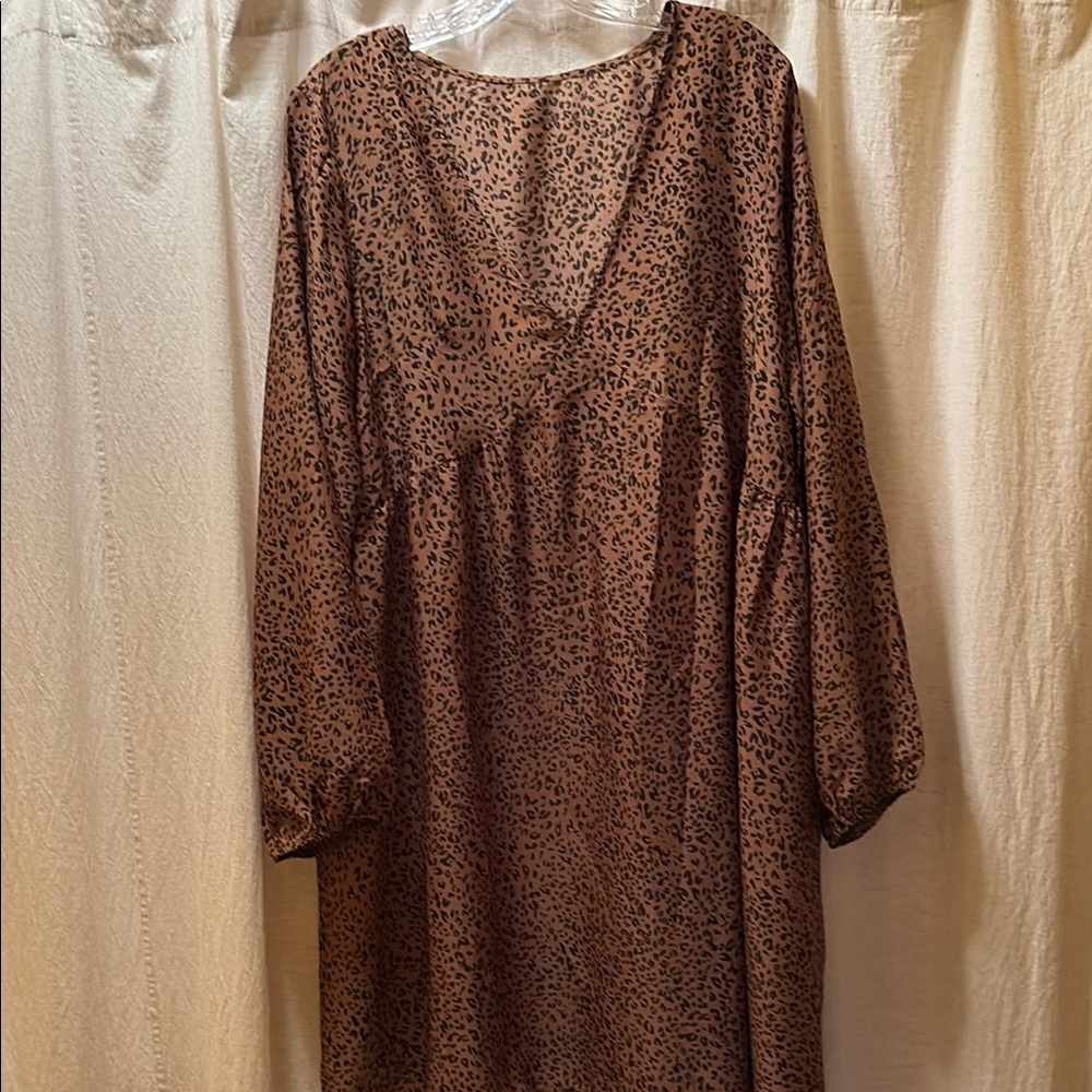 Brown V-Neck Bishop Sleeve Casual Dress
